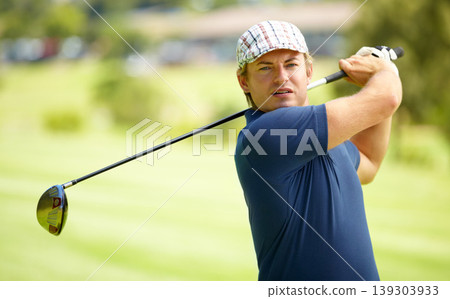 Sports, swing and man on golf course with club for playing game, practice and training for competition. Professional golfer, grass and person with golfing driver for winning with hit, stroke or score Sports, swing and man on golf course with club for playing game, practice and training for competition. Professional golfer, grass and person with golfing driver for winning with hit, stroke or score 139303933