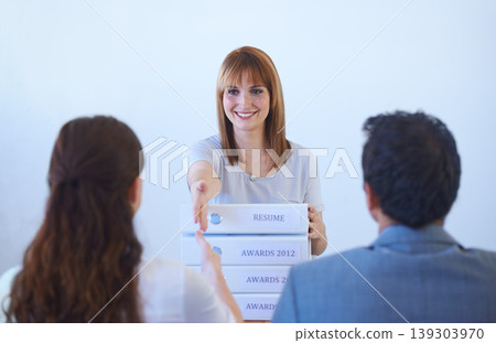 Woman, management or handshake in interview for welcome, onboarding and hiring in office or workplace. Business, professional and people with documents, paperwork or shaking hands in meeting or smile 139303970