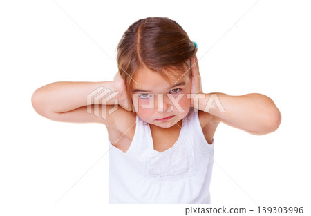 Portrait, loud and covering ears with a girl child in studio isolated on a white background to stop noise. Face, stress or sound with an unhappy young kid using her hands to block hearing for silence Portrait, loud and covering ears with a girl child in studio isolated on a white background to stop noise. Face, stress or sound with an unhappy young kid using her hands to block hearing for silence 139303996