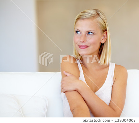 Thinking, home and woman on a couch, ideas and planning with happiness, solution and cheerful in living room. Person, apartment and girl on a sofa, decision or joy with a choice, daydreaming or smile Thinking, home and woman on a couch, ideas and planning with happiness, solution and cheerful in living room. Person, apartment and girl on a sofa, decision or joy with a choice, daydreaming or smile 139304002
