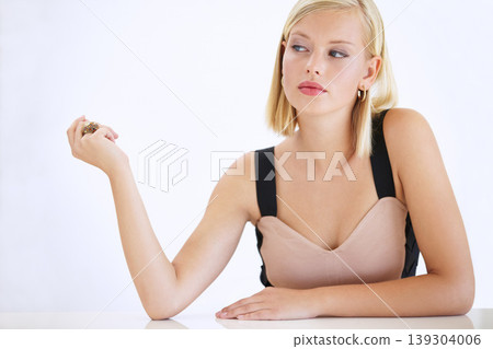Woman, attitude and fashion or hands, studio and elegant clothing or accessories, jewelry and confident. Female person, face and sassy or tough, assertive and beautiful or proud by white background Woman, attitude and fashion or hands, studio and elegant clothing or accessories, jewelry and confident. Female person, face and sassy or tough, assertive and beautiful or proud by white background 139304006