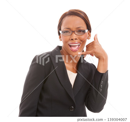Black business woman, call me sign and portrait with comic smile, contact and studio by white background. Consultant, agent and happy for emoji, icon or hand for talk, help desk and customer service 139304007