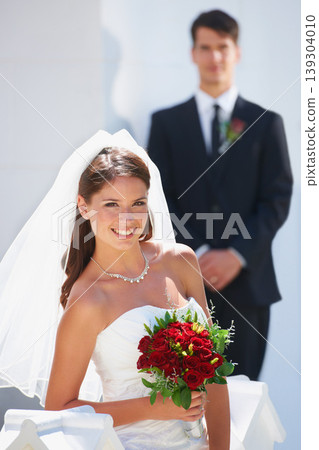 Woman, bride and smile in portrait, fashion and commitment for marriage, positive and elegant. Female person, face and outdoor wedding, love and romance for relationship, husband and joy for event Woman, bride and smile in portrait, fashion and commitment for marriage, positive and elegant. Female person, face and outdoor wedding, love and romance for relationship, husband and joy for event 139304010