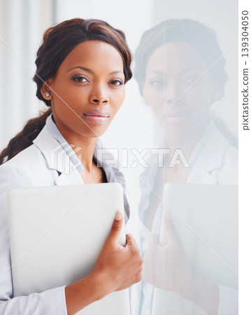 Black woman, laptop and business portrait by window, reflection and financial advisor in workplace. African entrepreneur, computer and confident face with pride, project management and modern office 139304050