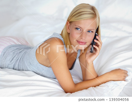 Relax, contact and phone call with woman on bedroom for smile communication and connection. Happy, digital and technology with female person in home for calm, listening and mobile conversation Relax, contact and phone call with woman on bedroom for smile communication and connection. Happy, digital and technology with female person in home for calm, listening and mobile conversation 139304056