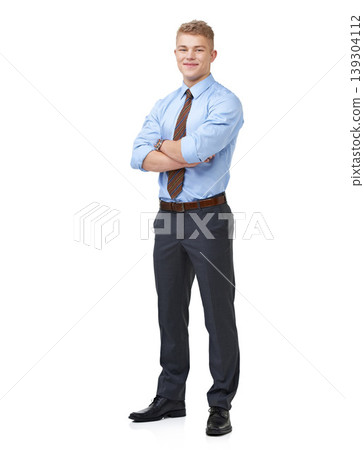 Man, arms crossed and smile for portrait, employee and professional on white background. Confident, young and workplace for career, financial clerk and businessman for startup, job and corporate Man, arms crossed and smile for portrait, employee and professional on white background. Confident, young and workplace for career, financial clerk and businessman for startup, job and corporate 139304112