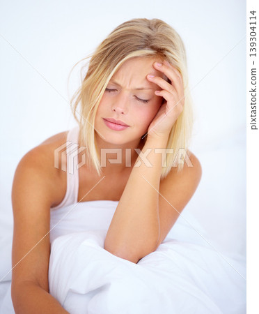 Woman, hangover and headache in morning bedroom with depression, anxiety and burnout in home. Stress, frustrated and tired person with fatigue and pain in house for mental health, migraine or mistake Woman, hangover and headache in morning bedroom with depression, anxiety and burnout in home. Stress, frustrated and tired person with fatigue and pain in house for mental health, migraine or mistake 139304114