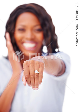 Woman, hand and engagement ring for showing in studio for proposal mock up on white background in New York. Black person, smile and happy in excitement for yes, good news and announcement in space 139304126