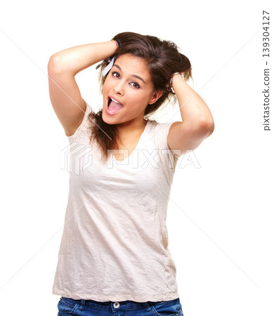 Portrait, woman and hands in crazy hair with confidence, happiness and beauty in white background or studio. Messy, hairstyle and face of person excited for salon, treatment or scratching head Portrait, woman and hands in crazy hair with confidence, happiness and beauty in white background or studio. Messy, hairstyle and face of person excited for salon, treatment or scratching head 139304127