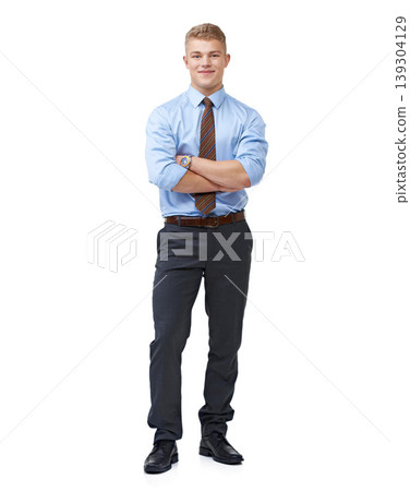 Businessman, arms crossed and smile for portrait, employee and professional on white background. Confident, young and workplace for career, financial clerk and man for startup, job and corporate 139304129