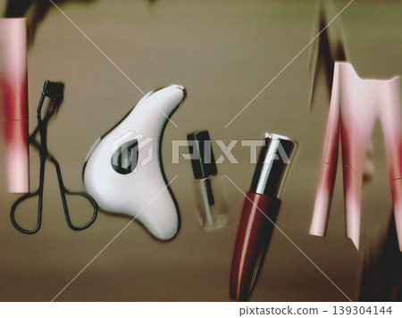 Abstract beauty products flat lay, gua sha, eyelash curler, and makeup on reflective surface. Dreamy, artistic lighting for self-care, skincare concept. Elegant minimalist aesthetic. Beautician tools. Abstract beauty products flat lay, gua sha, eyelash curler, and makeup on reflective surface. Dreamy, artistic lighting for self-care, skincare concept. Elegant minimalist aesthetic. Beautician tools. 139304144