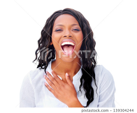 Woman, portrait and laughing happy in studio for funny joke, humor comedy or positivity. Black person, model and face for smile confidence cheerful on white background or mockup space, meme or joy Woman, portrait and laughing happy in studio for funny joke, humor comedy or positivity. Black person, model and face for smile confidence cheerful on white background or mockup space, meme or joy 139304244