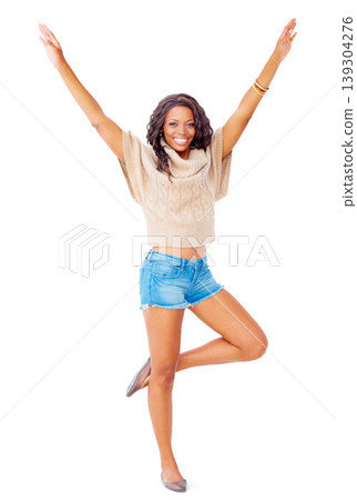 Portrait, happy woman or arms up in studio for celebration mock up on white background in New York. Black person, smile or excited emoji for good news, announcement or winner for competition in space Portrait, happy woman or arms up in studio for celebration mock up on white background in New York. Black person, smile or excited emoji for good news, announcement or winner for competition in space 139304276