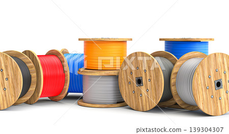 Many colored cables on wooden spools 3d Many colored cables on wooden spools 3d 139304307