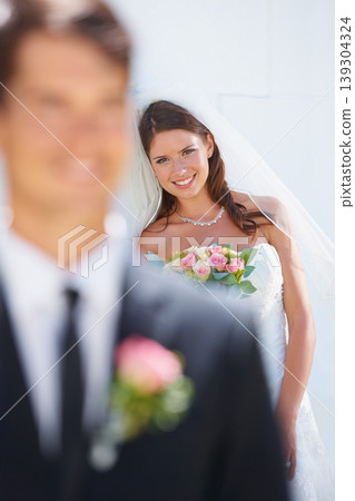Woman, bride and smile in portrait, outdoors and commitment for marriage, positive and elegant. Female person, face and outside wedding, love and romance for relationship, wife and joy for event Woman, bride and smile in portrait, outdoors and commitment for marriage, positive and elegant. Female person, face and outside wedding, love and romance for relationship, wife and joy for event 139304324