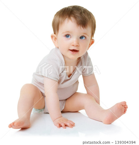 Cute, youth and explore with baby on floor of studio for curious, child development and learning. Face, smile and young with infant crawling in white background for toddler, innocence and health Cute, youth and explore with baby on floor of studio for curious, child development and learning. Face, smile and young with infant crawling in white background for toddler, innocence and health 139304394
