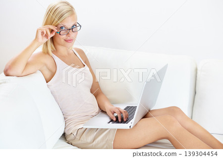Portrait, laptop and woman on sofa for remote work, research and internet project on white background. Freelance, business worker and person on computer for working from home, planning and website Portrait, laptop and woman on sofa for remote work, research and internet project on white background. Freelance, business worker and person on computer for working from home, planning and website 139304454