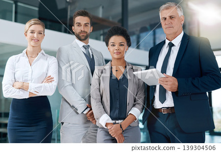 Teamwork, tablet or portrait of confident business people in office together in collaboration or company. Diversity, corporate staff or employees planning a group mission in meeting or workplace 139304506