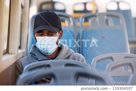 Man, mask or travel in bus with phone, cold protection or technology for social media on trip. Young person, cap or medical cover on mouth for flu virus, transport safety or cellphone to read ebook 139304507