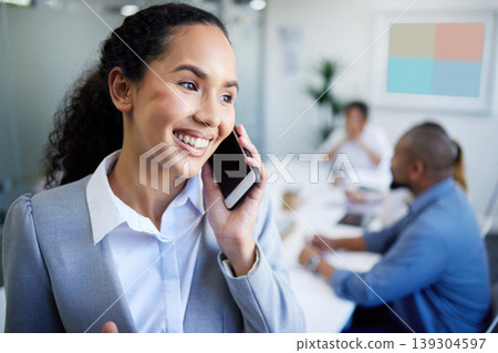 Happy woman, phone call and meeting for business communication, discussion or networking at office. Face of female person or employee smile talking on mobile smartphone for conversation at workplace Happy woman, phone call and meeting for business communication, discussion or networking at office. Face of female person or employee smile talking on mobile smartphone for conversation at workplace 139304597