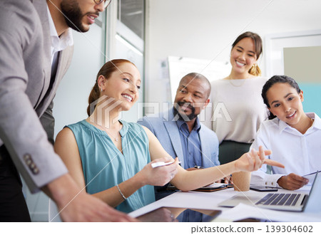 Business people, mentor and laptop in office for coaching, collaboration or planning marketing strategy. Teamwork, men and women employees in discussion or communication with technology for project Business people, mentor and laptop in office for coaching, collaboration or planning marketing strategy. Teamwork, men and women employees in discussion or communication with technology for project 139304602