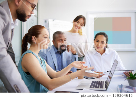 Business people, mentor and laptop in office for coaching, collaboration or planning marketing strategy. Teamwork, men and women employees in discussion or communication with technology for project Business people, mentor and laptop in office for coaching, collaboration or planning marketing strategy. Teamwork, men and women employees in discussion or communication with technology for project 139304615