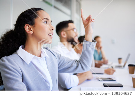 Conference woman, business people and hand raised to ask questions about presentation, proposal plan or client sales pitch. Convention group, tradeshow crowd and employee engagement, feedback or vote 139304627