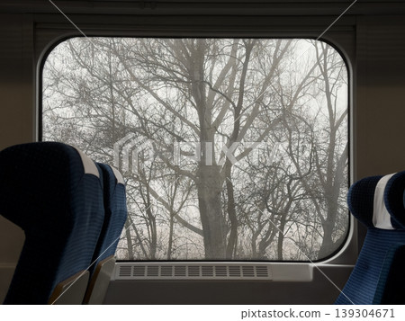 Passenger train window view of bare winter trees against a foggy sky, illustrating travel and contemplation during transit Passenger train window view of bare winter trees against a foggy sky, illustrating travel and contemplation during transit 139304671