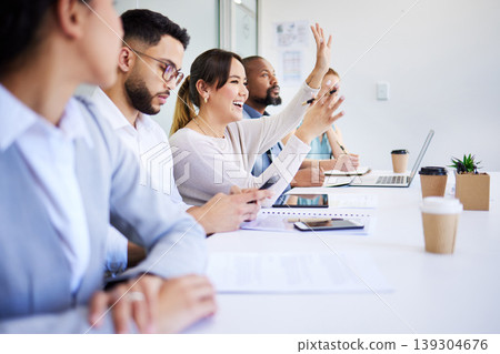 Seminar business people, happy woman and hand raised to answer, ask or question corporate deal, sales idea or office workshop. Group row, board of director and employee engagement on trade show plan Seminar business people, happy woman and hand raised to answer, ask or question corporate deal, sales idea or office workshop. Group row, board of director and employee engagement on trade show plan 139304676