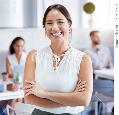Businesswoman, office and portrait with arms crossed, leader and company staff. Corporate, hr manager and happy with meeting, professional and worker for management, career and smile with pride Businesswoman, office and portrait with arms crossed, leader and company staff. Corporate, hr manager and happy with meeting, professional and worker for management, career and smile with pride 139304696