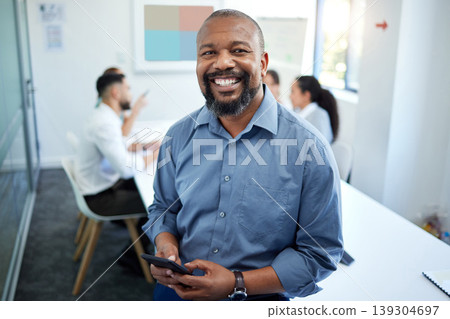 Phone, meeting and portrait of business black man for conversation, collaboration and discussion. Corporate office, teamwork and person with staff on smartphone for internet, research and website Phone, meeting and portrait of business black man for conversation, collaboration and discussion. Corporate office, teamwork and person with staff on smartphone for internet, research and website 139304697