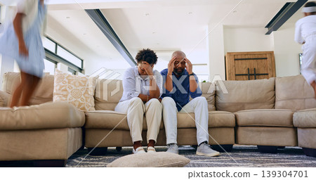 Children, jump or tired parents with headache on sofa with stress, anxiety or fatigue at home. Family, chaos or frustrated people in living room with hyper kids, burnout or overwhelmed by adhd energy 139304701