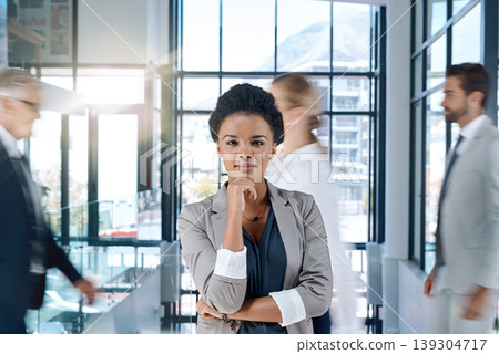 African, thinking or portrait of business woman with vision in agency, company or busy office. Ideas, confident or proud manager in a professional career problem solving or brainstorming for solution African, thinking or portrait of business woman with vision in agency, company or busy office. Ideas, confident or proud manager in a professional career problem solving or brainstorming for solution 139304717