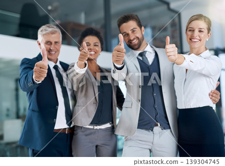 Portrait, thumbs up or happy business people in agreement, support or collaboration together in office. Community, teamwork or group of proud employees with diversity, yes sign or like hand gesture Portrait, thumbs up or happy business people in agreement, support or collaboration together in office. Community, teamwork or group of proud employees with diversity, yes sign or like hand gesture 139304745