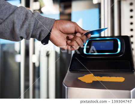 Hands, travel and bus card for payment, digital banking technology or finance service. Closeup, scan and transportation terminal machine for subway journey, train credit or money for public commute Hands, travel and bus card for payment, digital banking technology or finance service. Closeup, scan and transportation terminal machine for subway journey, train credit or money for public commute 139304747