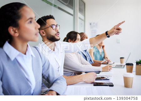 Seminar man, business people audience and pointing at project report, presentation info or asking questions. Employee engagement, trade show and conference crowd feedback on group convention meeting 139304758