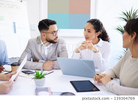 Business people, meeting and teamwork, planning or collaboration for marketing project or startup on laptop. Professional group of women, men or manager talking of company website and digital agency Business people, meeting and teamwork, planning or collaboration for marketing project or startup on laptop. Professional group of women, men or manager talking of company website and digital agency 139304769