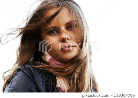 Portrait, wind in hair and woman outdoor on mockup space, holiday and travel on vacation. Face, beauty and young person in breeze or girl in nature, confident and serious for freedom in Switzerland 139304799