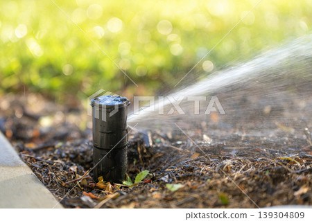 Lawn grass watering with automated sprinkler. Keeping green backyard during dry season Lawn grass watering with automated sprinkler. Keeping green backyard during dry season 139304809
