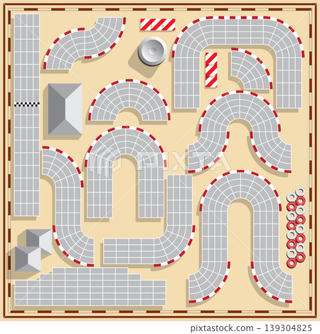 Set of elements of the race track. View from above. Vector design for app game user interface. Set of elements of the race track. View from above. Vector design for app game user interface. 139304825