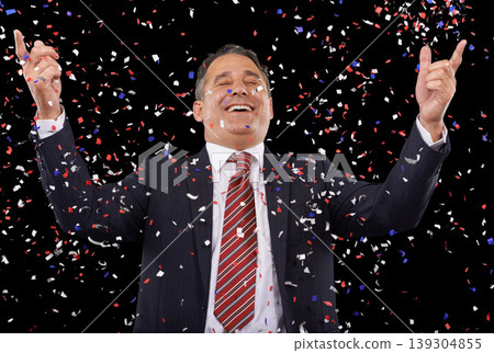 Business man,winner and confetti in success, celebration and winning, award or government election in studio. Professional person or politician in suit, achievement or competition on black background Business man,winner and confetti in success, celebration and winning, award or government election in studio. Professional person or politician in suit, achievement or competition on black background 139304855