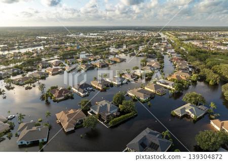 Hurricane flooded homes in residential community in Florida, USA. Aftermath of natural disaster 139304872