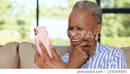 Home, smile and senior woman with smartphone, contact and happiness with post, relax and video call. Apartment, elderly person and pensioner on a sofa, cellphone and internet with connection or app Home, smile and senior woman with smartphone, contact and happiness with post, relax and video call. Apartment, elderly person and pensioner on a sofa, cellphone and internet with connection or app 139304893