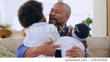 Black family, love and hug on a sofa with care, security or trust in their home together. Smile, support or father embrace excited girl children in living room on day off, vacation or weekend Black family, love and hug on a sofa with care, security or trust in their home together. Smile, support or father embrace excited girl children in living room on day off, vacation or weekend 139304908