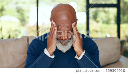 Headache, senior man and stress in home for mistake, mental health or brain fog in retirement. Depressed, tired and frustrated african guy with migraine, crisis and pain of vertigo, trauma or fatigue Headache, senior man and stress in home for mistake, mental health or brain fog in retirement. Depressed, tired and frustrated african guy with migraine, crisis and pain of vertigo, trauma or fatigue 139304918