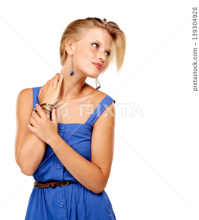 Thinking, fashion or woman in a dress isolated on a white background in studio with confidence. Classy, elegant lady or female model with modern clothes for an event, prom or party on a backdrop Thinking, fashion or woman in a dress isolated on a white background in studio with confidence. Classy, elegant lady or female model with modern clothes for an event, prom or party on a backdrop 139304928