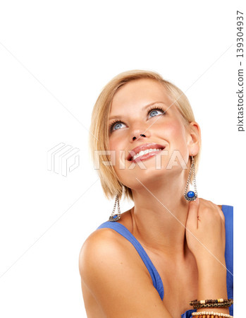 Thinking, space or happy woman with fashion isolated on white background in studio with confidence. Classy person, elegant lady or female model with ideas or vision for mockup or wellness on backdrop 139304937