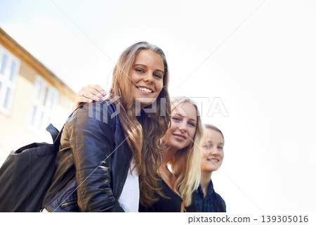 School, friends and portrait of group with support outdoor on campus with teenagers and happiness. Social, students and smile for learning, education and studying at academy with backpack in morning 139305016