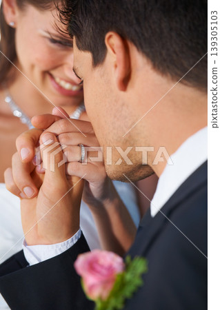 Couple, wedding ring and hand in marriage with bride and smile at celebration and trust event. Flower, loyalty and care with romance and holding hands with love and commitment with woman and man 139305103