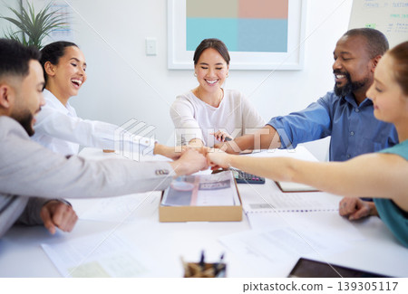Business people, office and group for fist bump, smile or together for teamwork, diversity or finance goal. Men, women or hands sign for solidarity, documents or happy in circle at accounting agency Business people, office and group for fist bump, smile or together for teamwork, diversity or finance goal. Men, women or hands sign for solidarity, documents or happy in circle at accounting agency 139305117